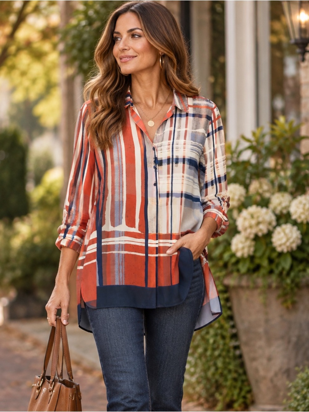 NIC+ZOE Medium Mixed Plaid Stripe Tunic Blouse Orange Navy Button Front